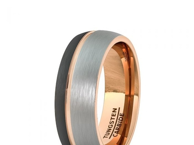 8MM BLACK WHITE BRUSHED TUNGSTEN RING THIN SIDE ROSE GOLD