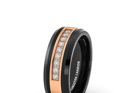 BLACK TUNGSTEN RING ROSE GOLD INLAY WITH CUBIC ZIRCON titanium wedding bands for men tungsten wedding rings for men