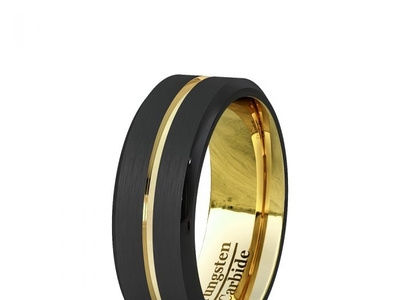 FASHION RING BLACK 8MM GOLD TUNGSTEN RING GROOVE BEVELED EDGE tungsten rings tungsten wedding bands for men