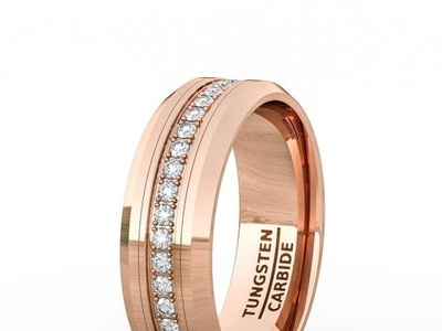 ROSE GOLD 8MM TUNGSTEN RING POLISHED FULLY STACKED CUBIC ZIRCON