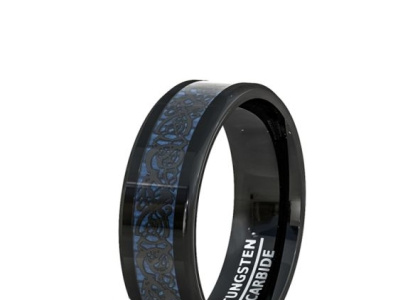 8MM BLACK TUNGSTEN RING BLUE CELTIC DRAGON BEVELED EDGE