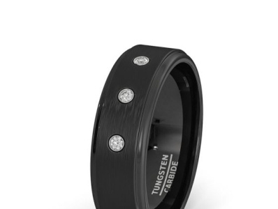 8MM BLACK TUNGSTEN RING BRUSHED 3 CUBIC ZIRCON STEP EDGE