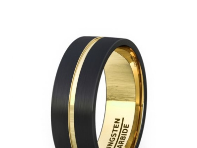 BLACK TUNGSTEN RING 8MM GOLD INSIDE AND GROOVE FLAT EDGE