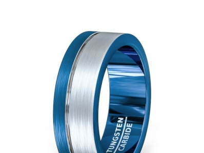 TUNGSTEN BLUE SIDE GROOVE MENS RING BRUSHED FLAT EDGES