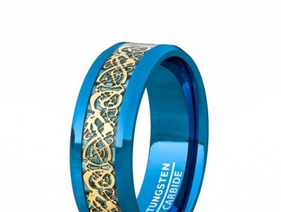 BLUE TUNGSTEN RING GOLD CELTIC DRAGON PATTERN BEVELED EDGE 8MM