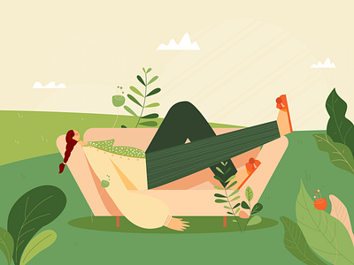Girl on couch in nature animation art cartoon cartoon illustration couch design flat flat illustration flatdesign girl illustration illustrator minimal nature outside plants vector woman