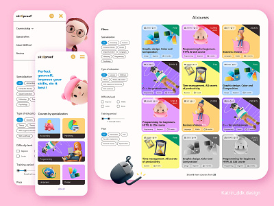 Courses catalog with filters. Mobile & PC version 3d 3d illustration adaptive adobe bright colored design figma filters light ui ui ux ux webdesign website
