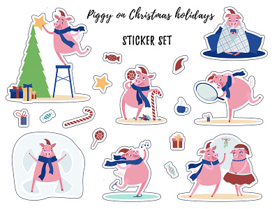 Pig Set character christmas tree flat holiday illustration new year pig piggy sticker set vector
