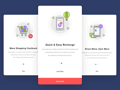 Onboarding illustration : cashback & mobile recharge app app intro graphics free mobile recharge guide screen illustration material design onboarding share earn signup thinline user experience prototype walkthrough