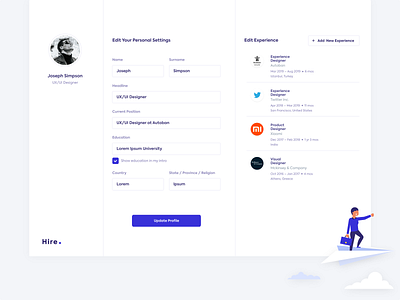Hire - Job Search Engine app clean dashboard dashboard ui edit experience fill hire illustraion information job job engine job portal profile update ux ui web app whitespace