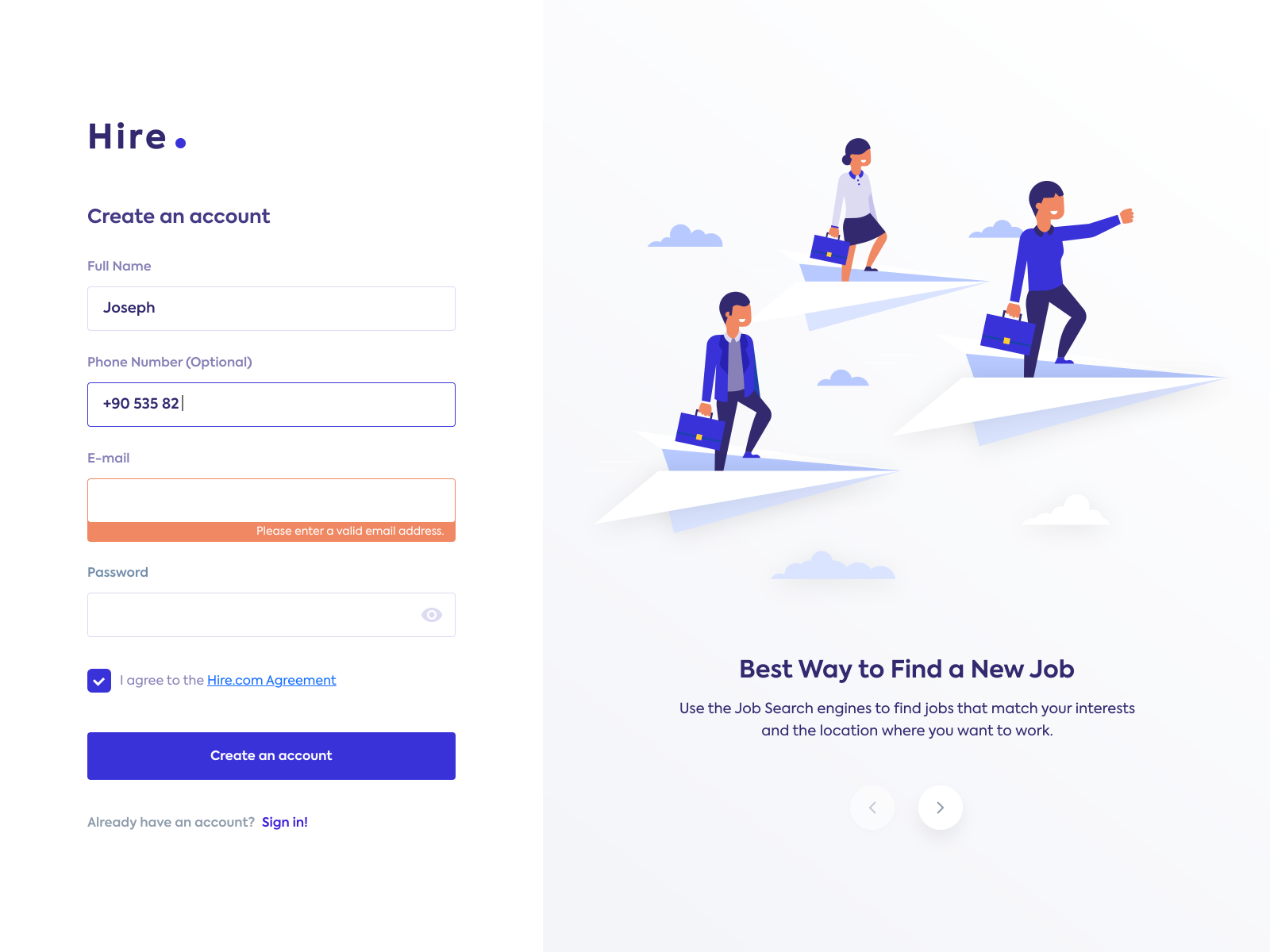 Hire - Job Search Engine address agree cloud create create account email fill hired illustration job engine login login page name password purple signin surname