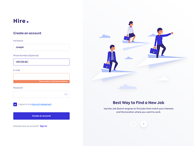 Hire - Job Search Engine address agree cloud create create account email fill hired illustration job engine login login page name password purple signin surname