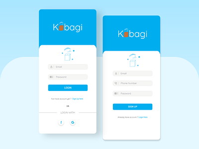 Preview Login and Sign Up Screen Kubagi App app design flat logo ui ux