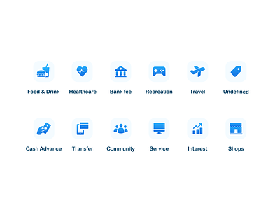 Simple Category Icons advance app bank blue cash category community fee food and drink healthcare icons interest ios mobile recreation service shops transfer travel undefined