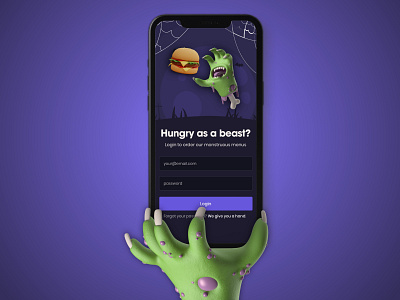 Daily UI 001 - Login page for a food app 3d app design app ui daily ui food food app gestures halloween hamburger hands monster