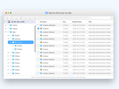 BitLockerGoMac interface and delete files bitlocker imyfone readwrite bitlocker drive on mac ui