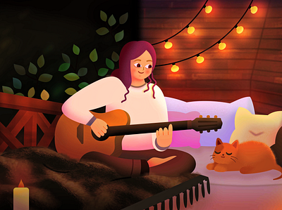Cozy vibes bed bedroom cat chill cozy guitar music night room