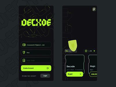 Decxde Mobile Game code dark font game green icon illustration level login logo mask mission mobile modern play typography unlock