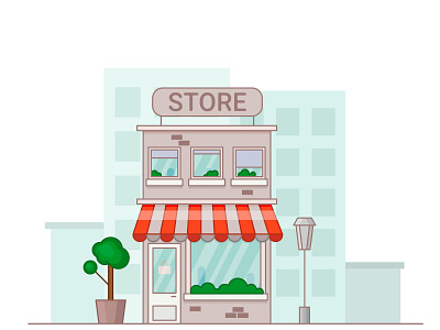 Store front building with city background design drawing illustration vector