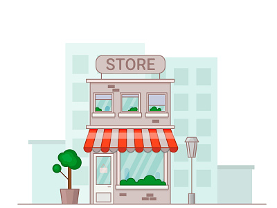 Store front building with city background