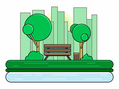 Bench with trees and dumpster in the Park. background building city cityscape concept design flat garden graphic grass green grove illustration landscape metropolis natural nature outdoor park relaxing
