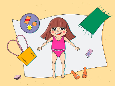 The little girl on a beach vector illustration. air bath bathing beach beauty bikini cartoon character cocktail colorful drawing drink exotic female girl graphic hand drawn holiday illustration vector
