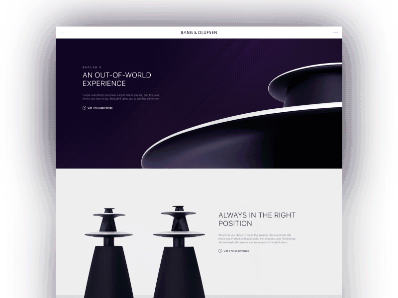 BEOLAB concept app bang olfusen dark gif landingpage minimalistic music page purple ui ux web