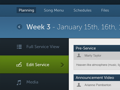 Service Planning blue buttons green nav ui