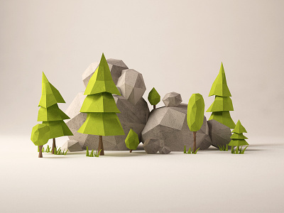 Forest bits 3d c4d forest low poly rocks shire trees