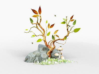 Lil Tree 3d c4d foliage forest illustration leaves mushrooms outdoors rocks tree
