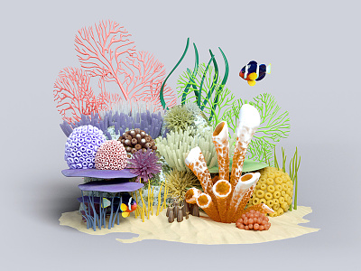 Under the sea bits 3d c4d coral creatures fish illustration ocean sea seaweed