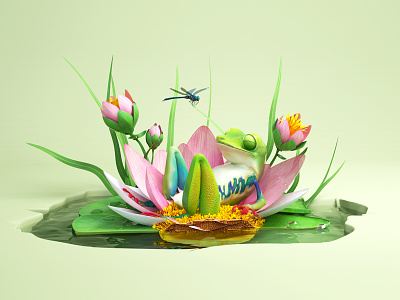 Sleeping Frog 3d animal c4d cross section dragon fly flowers frog illustration lily pad still life