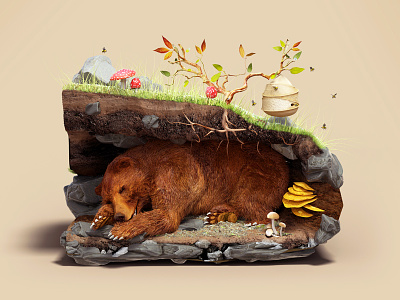 Sleeping Bear 3d animal bear beehive c4d cave illustration mammal still life underground