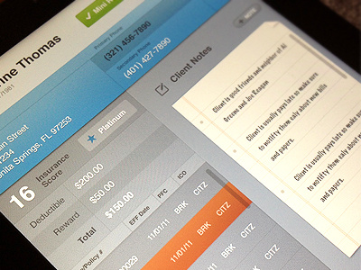 Insurance iPad App bar blue columns gray green ipad iphone list nav notes red silver ui