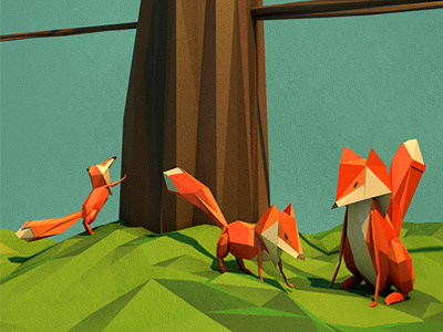 Foxy Family 3d c4d polygon low poly tree fox fox family illustration experiment