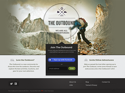 Outbound Dribbble buttons hiking home page icons layout outdoors splash page web design website