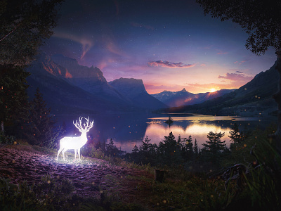Nuit Blanche deer digital art mattepainting nature photomanipulation photoshop sunset surreal