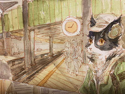 Hard working cat 2 cat design illustration lifeinnyc newyork subway watercolor