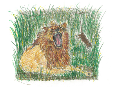 "The Lion and the Mouse" Illustration 2 aesop aesops animal animals childrens book colored pencil fable fables fairy tale fairy tales grass illustration lion mouse the lion and the mouse