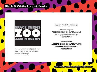 Space Farms Style Guide - Black and White Logo & Fonts Page bold brand branding color colorful colors fun re brand re branding rebrand rebranding space farms space farms zoo and museum spots style guide zoo