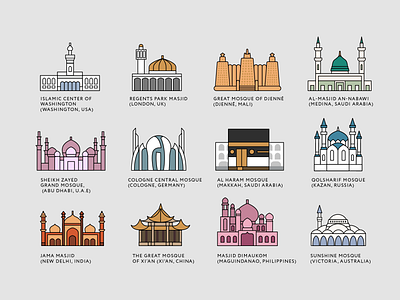 Mosques of the world building illustration islam line map mosque travel vector wonder