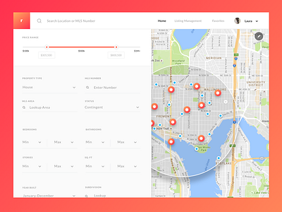 Filtered Map Search Details clean details filter housing listings map real estate search ui website
