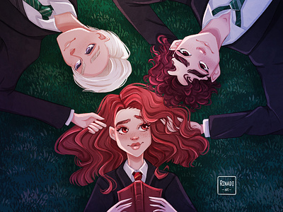 Hermione Granger and cute boys character art character design cute girl girl grass harrypotter harrypotterart hermione illustration peopleart