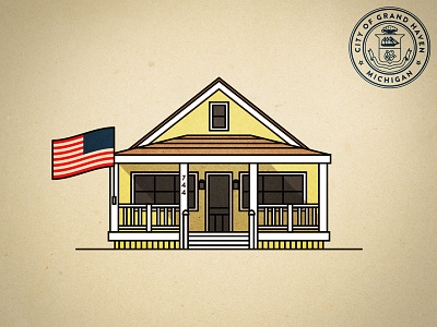 Grand Haven, MI - Beach House beach house flag home house porch vector yellow