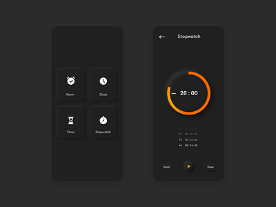 Skeuomorphic/Neumorphism Timer apps Dark mode adobe android app dailyui dark mode design trend design trends 2020 figma flat interace interaction design ios neumorphic night mode orange skeuomorphic stopwatch timer app ui ui ux xd