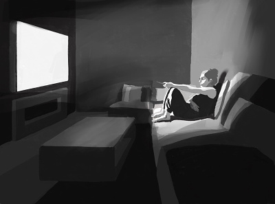 Night time TV watching black design flat girl illustration