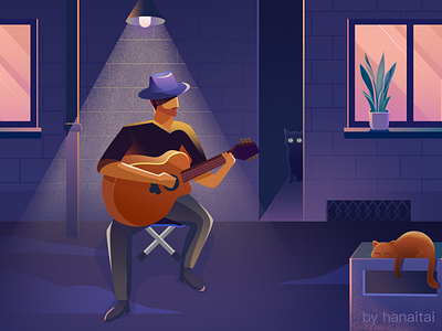 Music In The Night cat design guitar illustration music