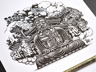 Jishin black buddha detail dot dots illustration japan tsunami