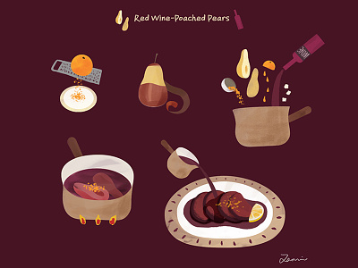 Red wine-poached pears hand draw illustration recipe red wine poached pears water color wine winter