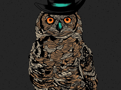 Mr Owl 3 aqua black blue brown illustration lots of cramps in my hand orange owl